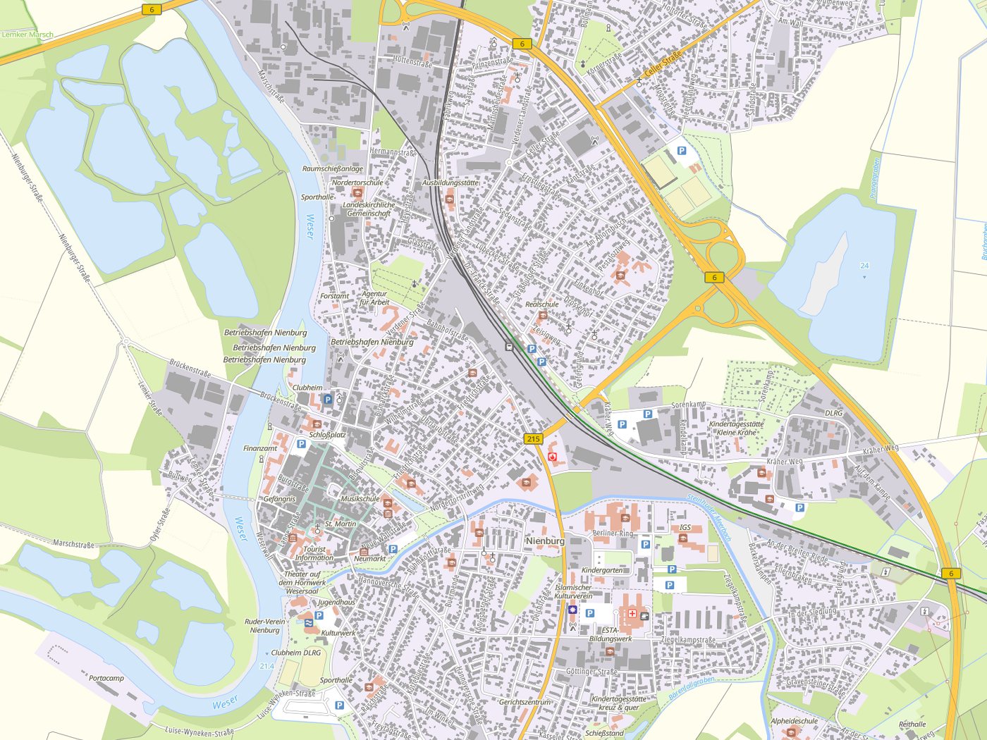 Kartenausschnitt Nienburg mit Gewässern