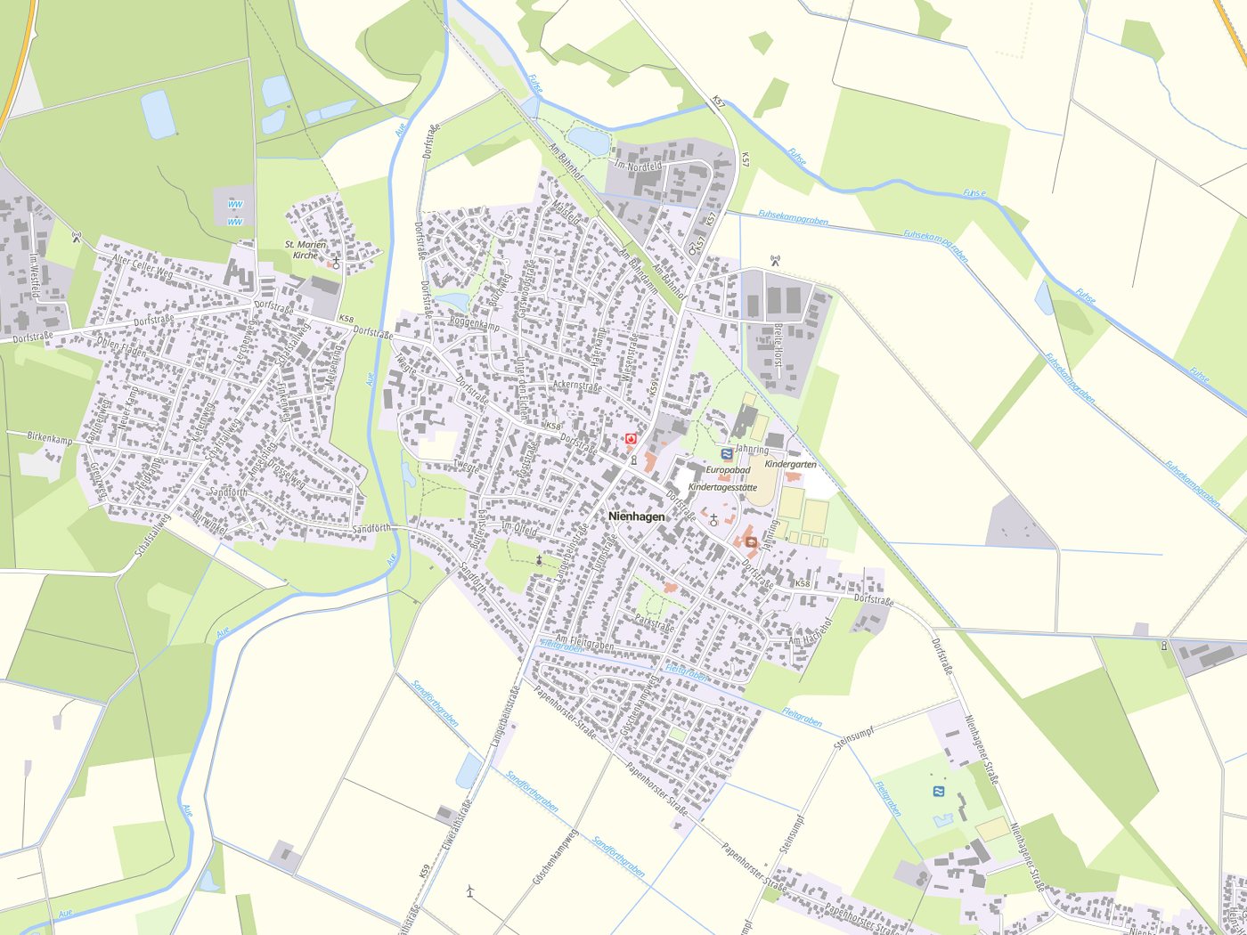 Kartenausschnitt Nienhagen mit Gewässern