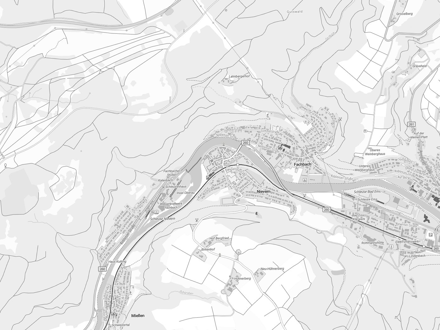Kartenausschnitt Nievern mit Gewässern
