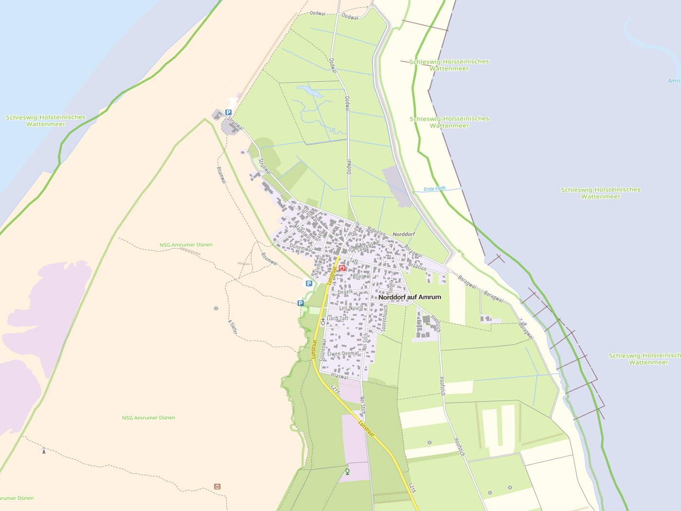 Kartenausschnitt Norddorf auf Amrum mit Gewässern