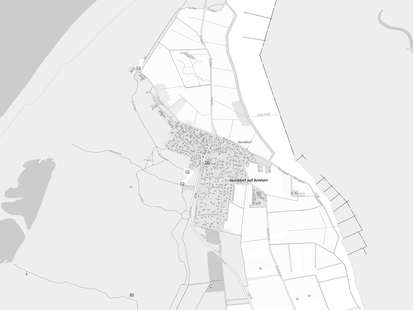 Kartenausschnitt Norddorf auf Amrum mit Gewässern