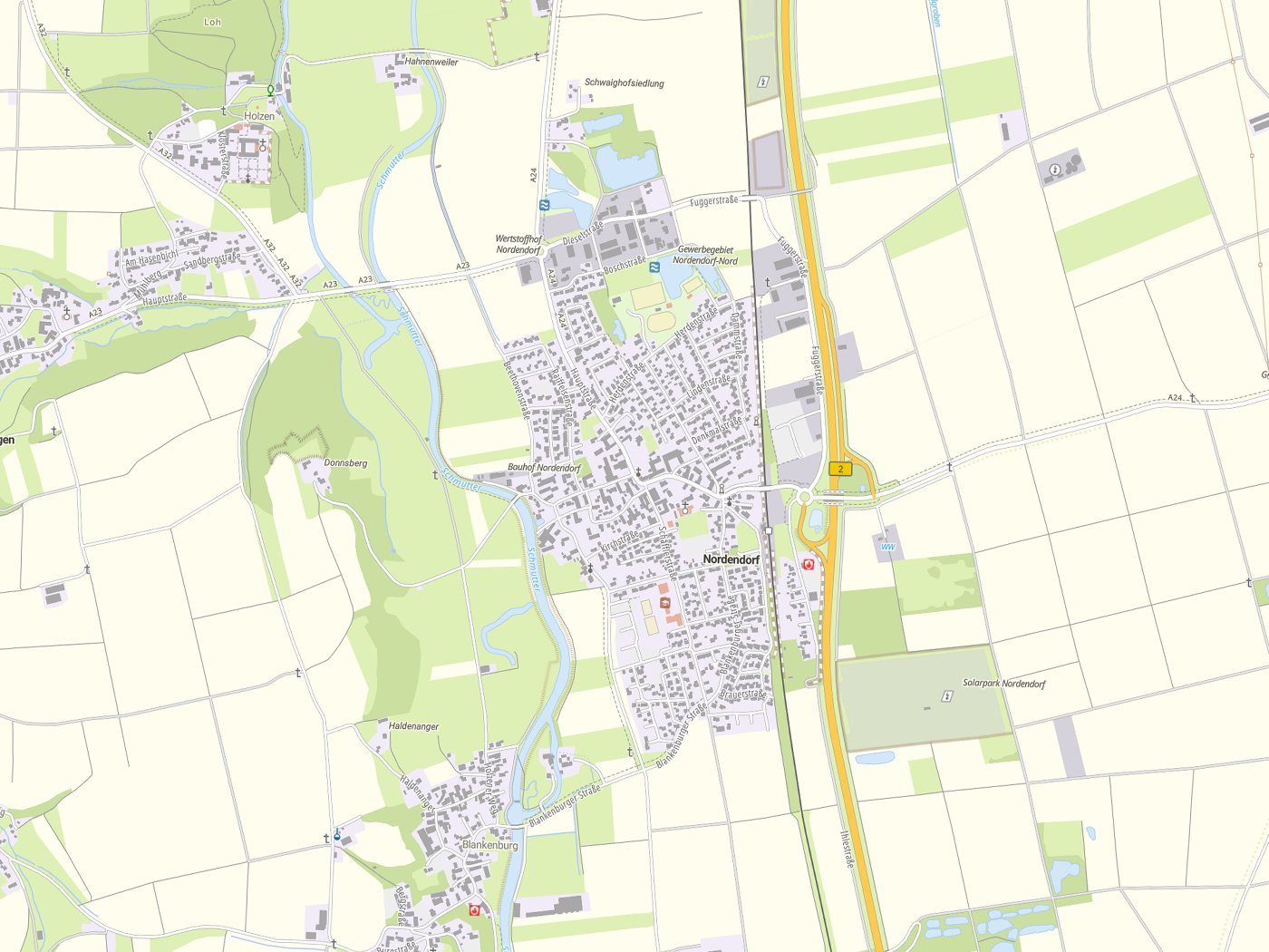 Kartenausschnitt Nordendorf mit Gewässern