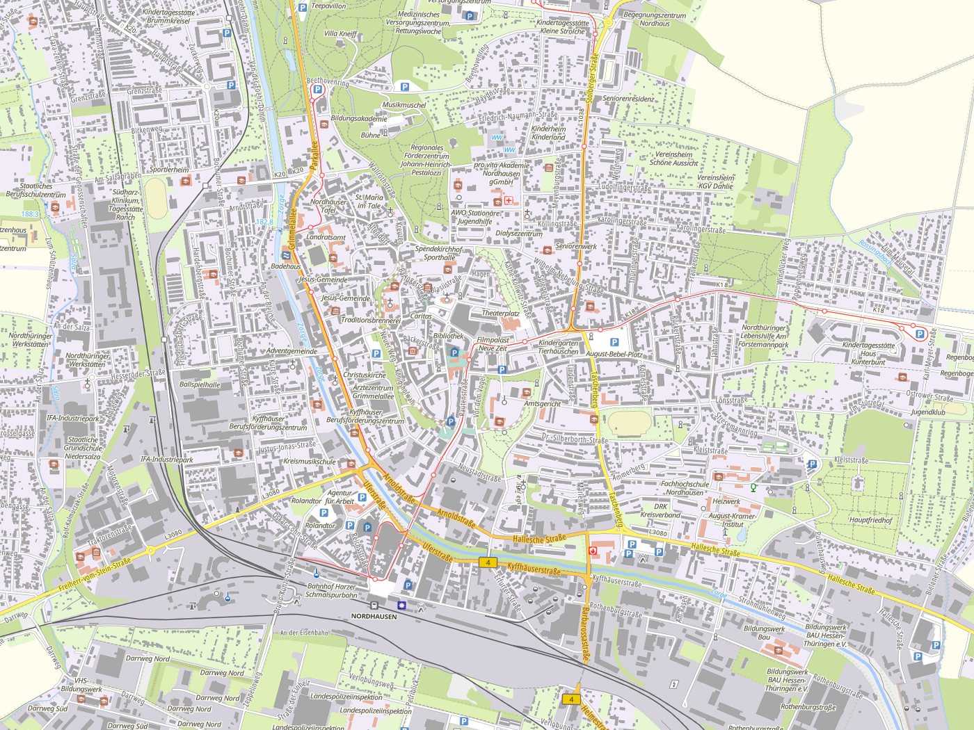 Kartenausschnitt Nordhausen mit Gewässern