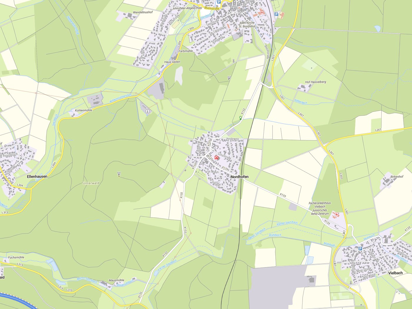 Kartenausschnitt Nordhofen mit Gewässern