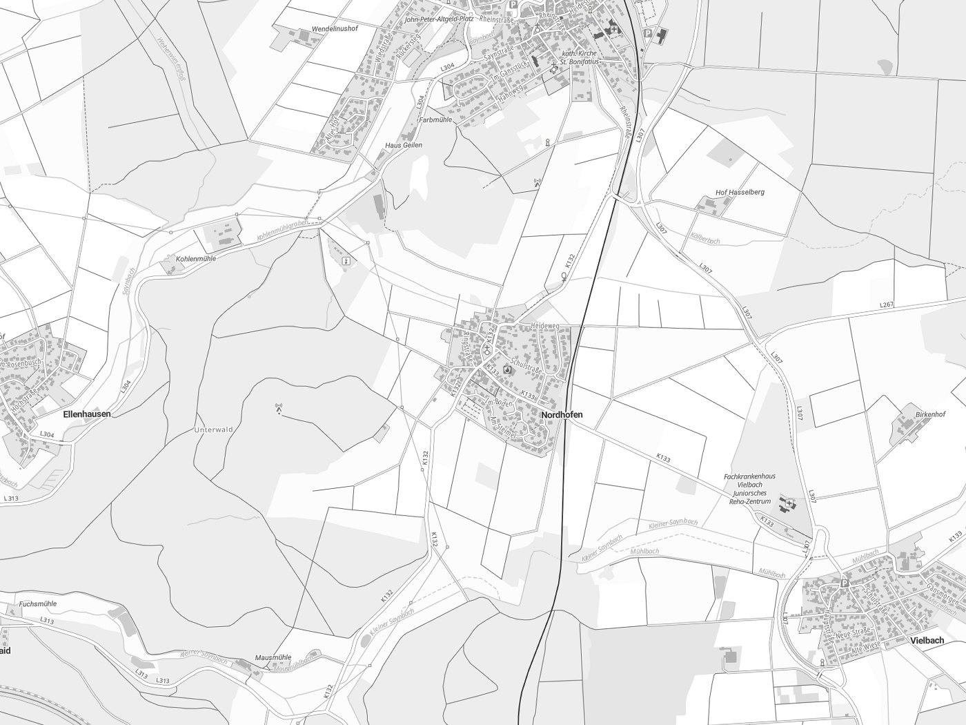 Kartenausschnitt Nordhofen mit Gewässern