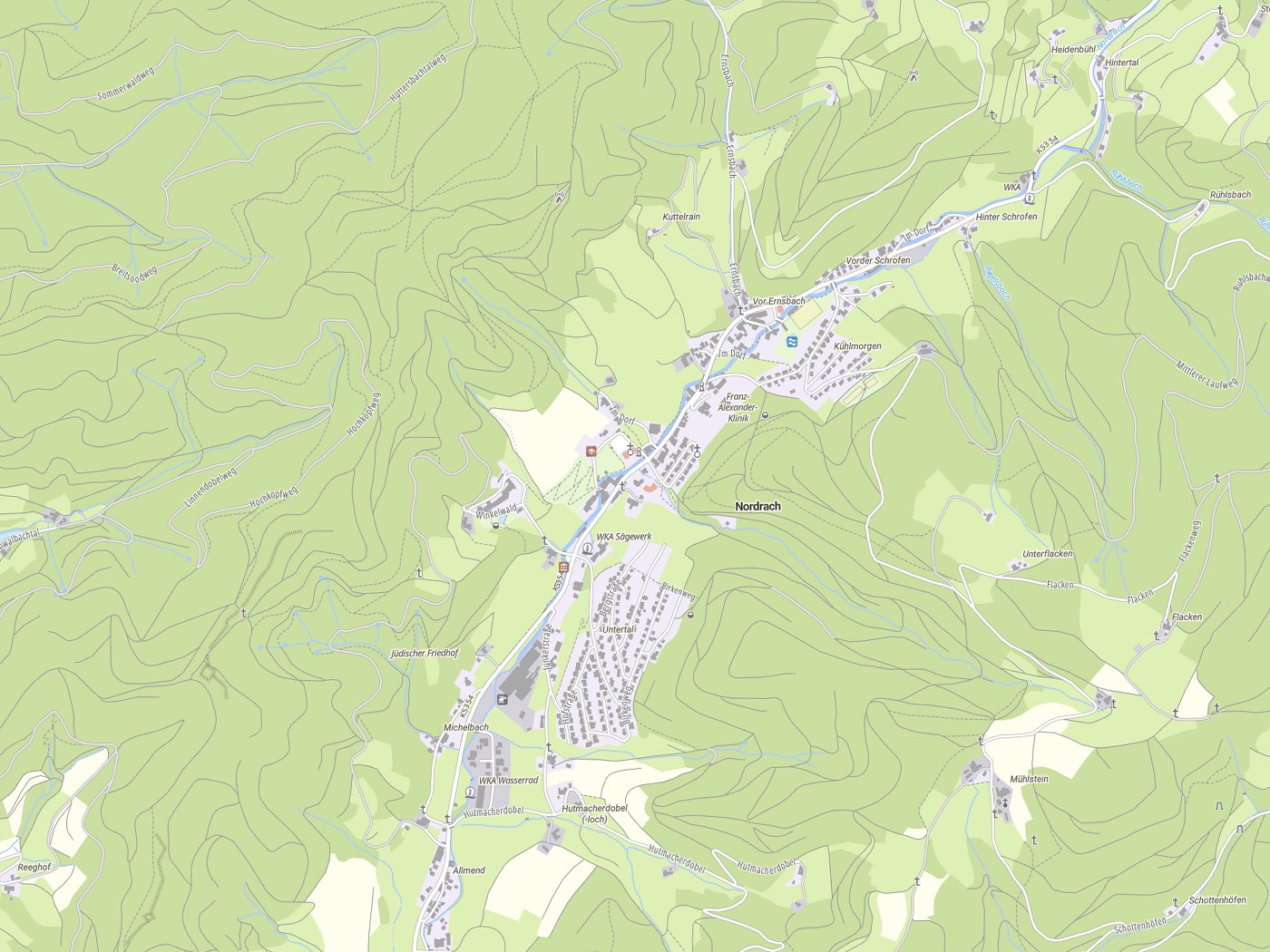 Kartenausschnitt Nordrach mit Gewässern