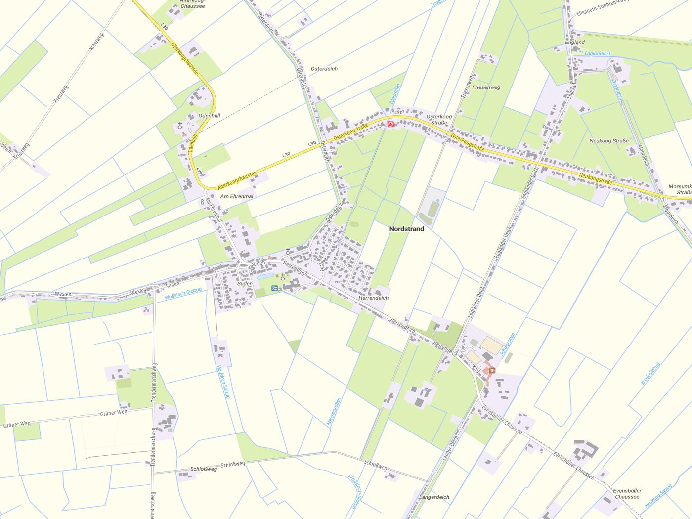 Kartenausschnitt Nordstrand mit Gewässern