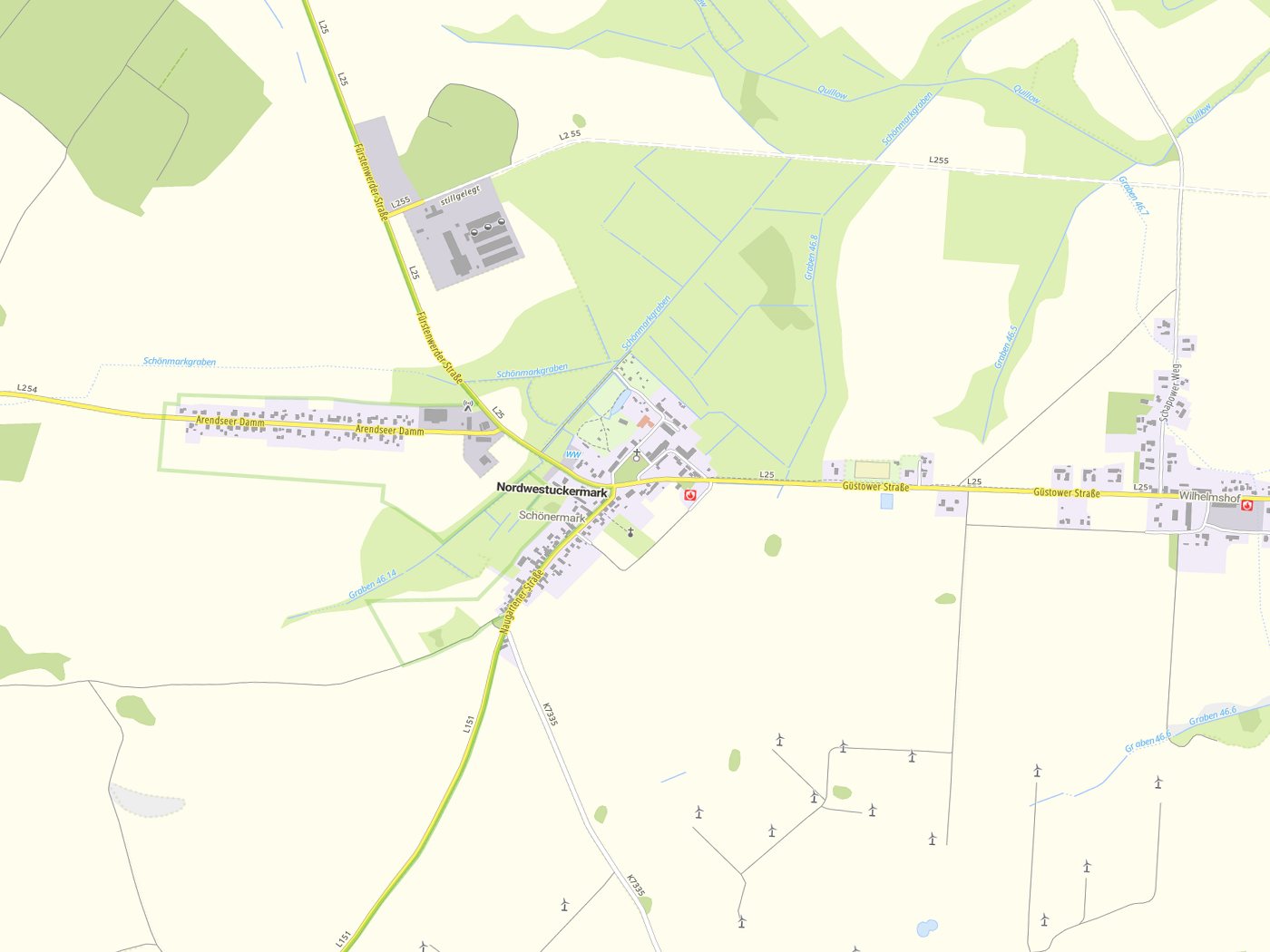 Kartenausschnitt Nordwestuckermark mit Gewässern