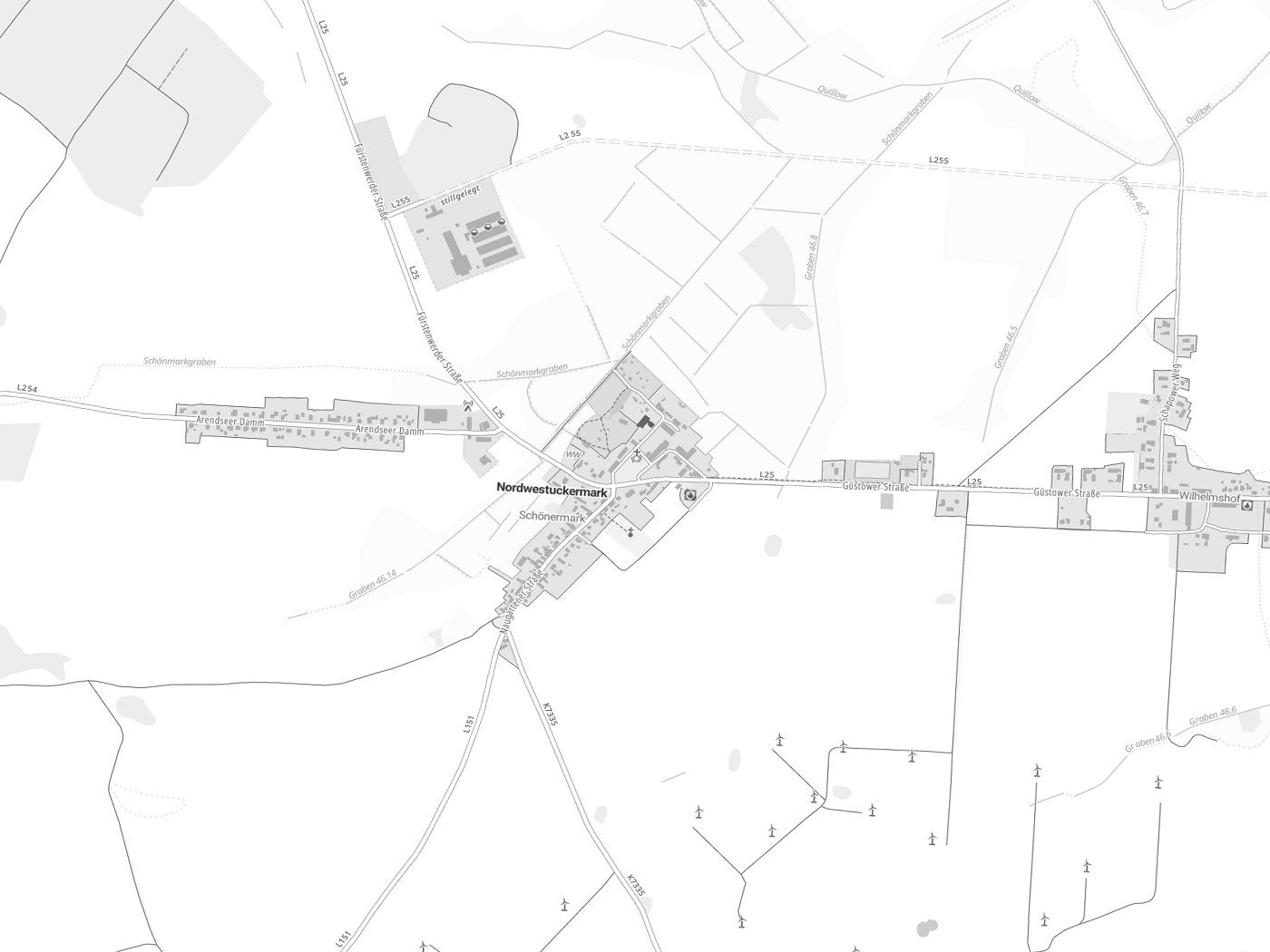 Kartenausschnitt Nordwestuckermark mit Gewässern