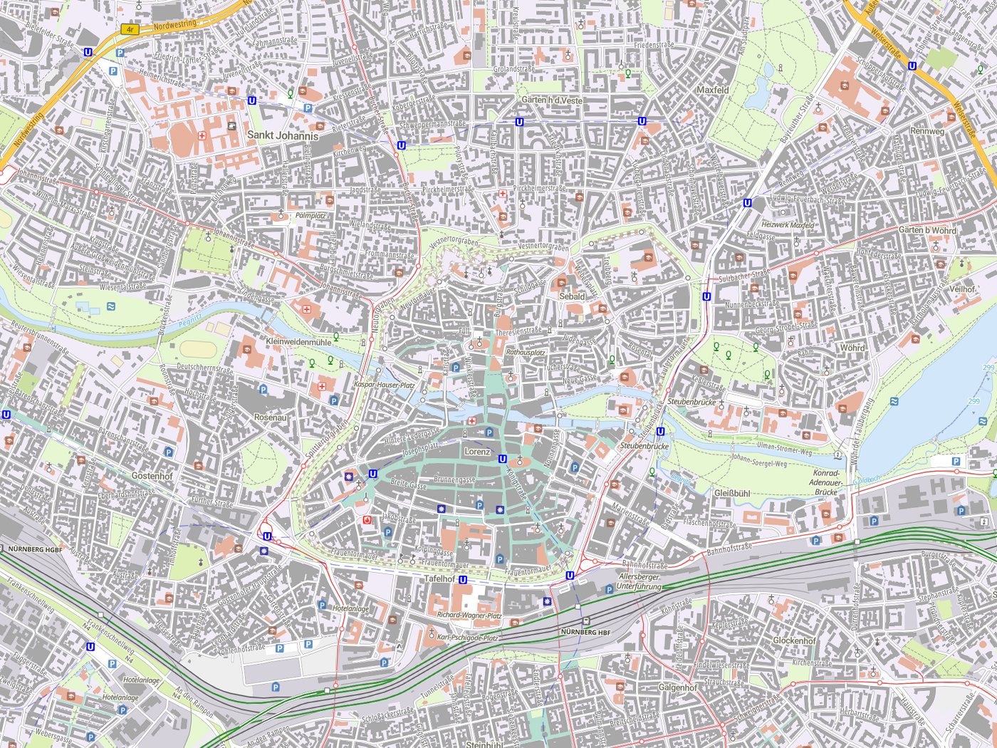 Kartenausschnitt Nürnberg mit Gewässern