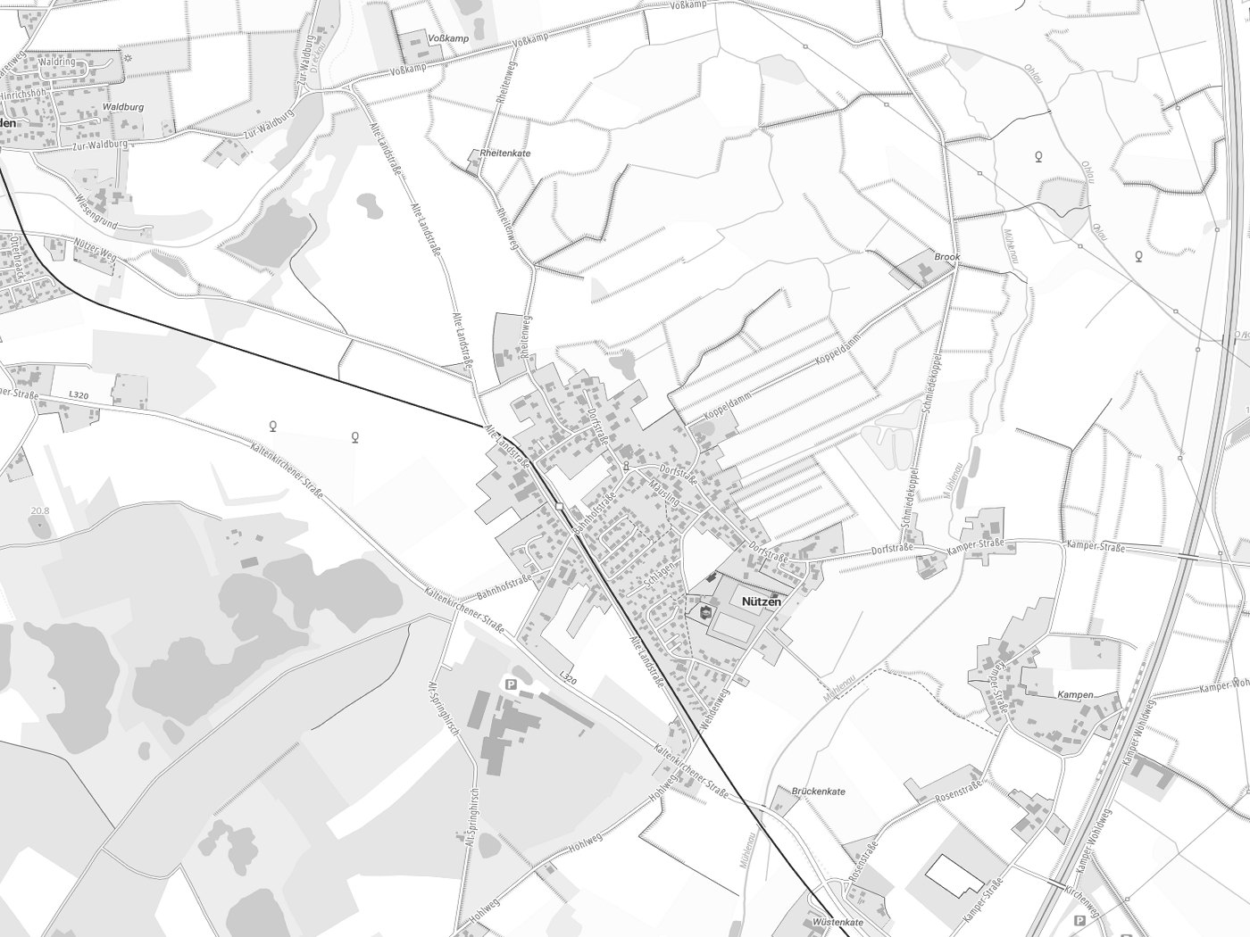 Kartenausschnitt Nützen mit Gewässern