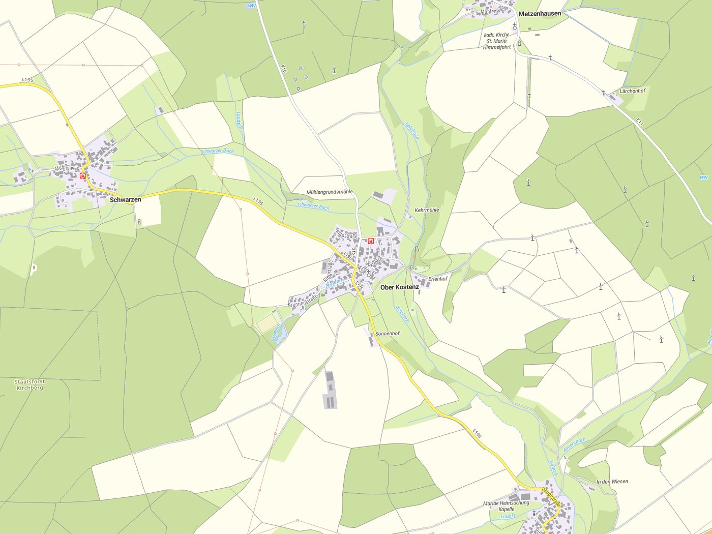 Kartenausschnitt Ober Kostenz mit Gewässern