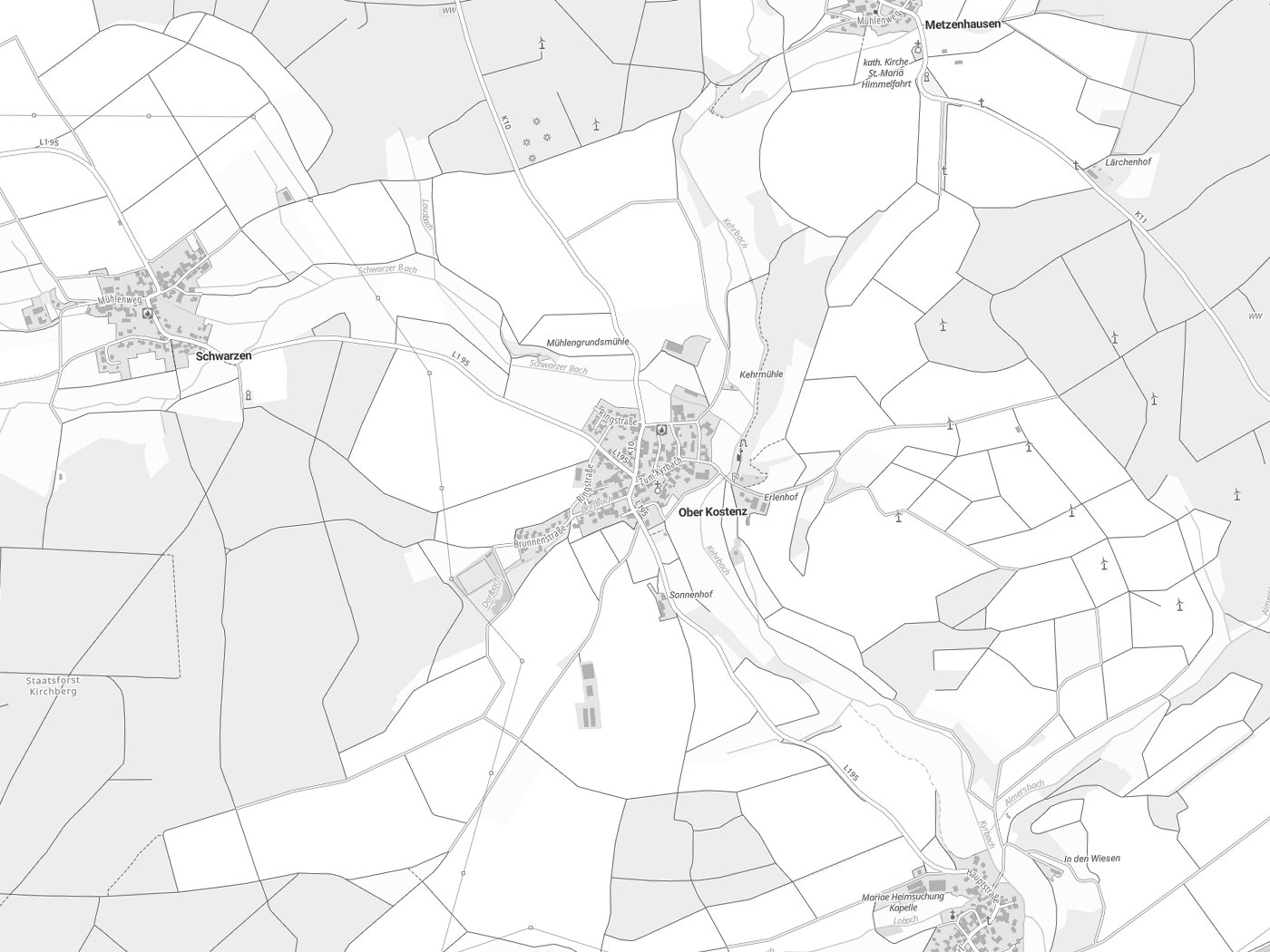 Kartenausschnitt Ober Kostenz mit Gewässern
