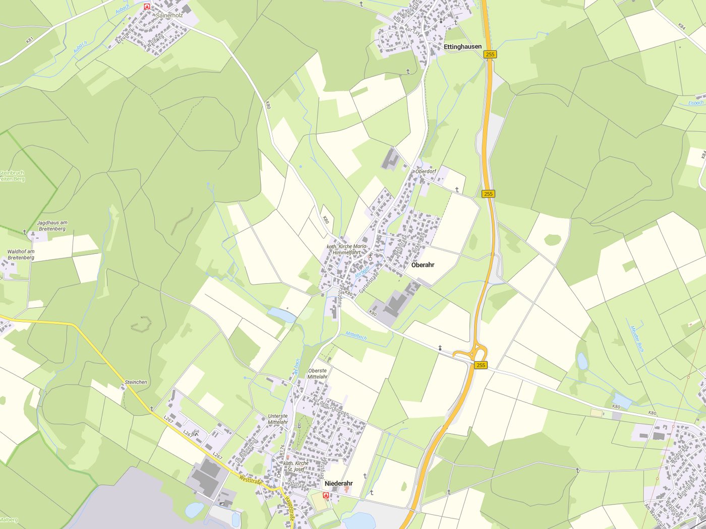 Kartenausschnitt Oberahr mit Gewässern