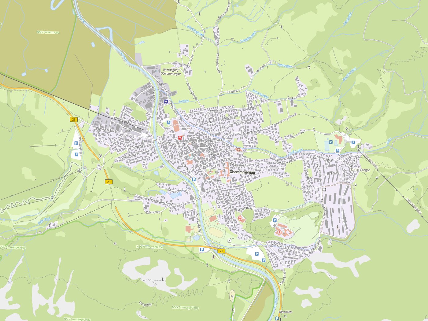 Kartenausschnitt Oberammergau mit Gewässern