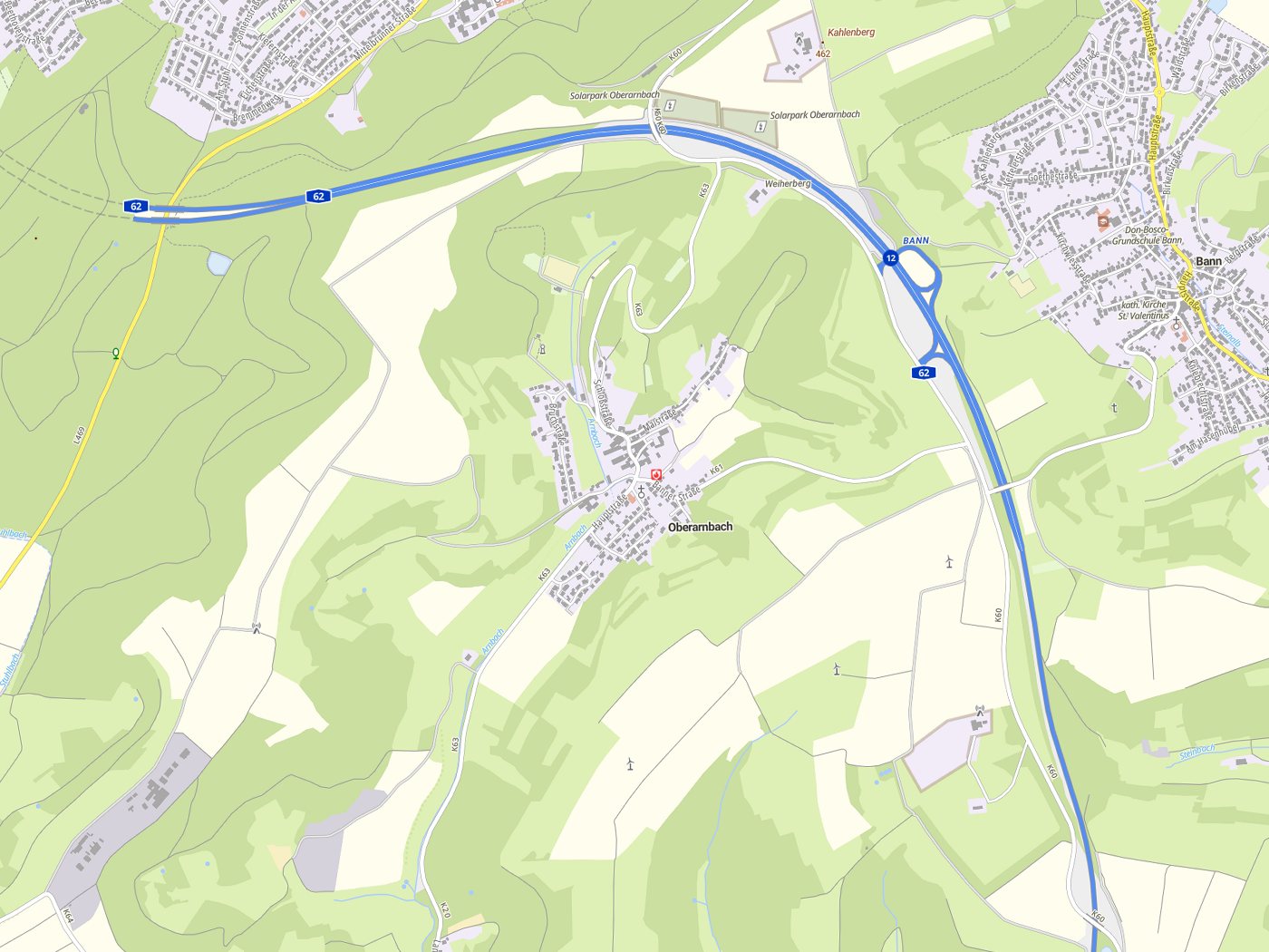 Kartenausschnitt Oberarnbach mit Gewässern