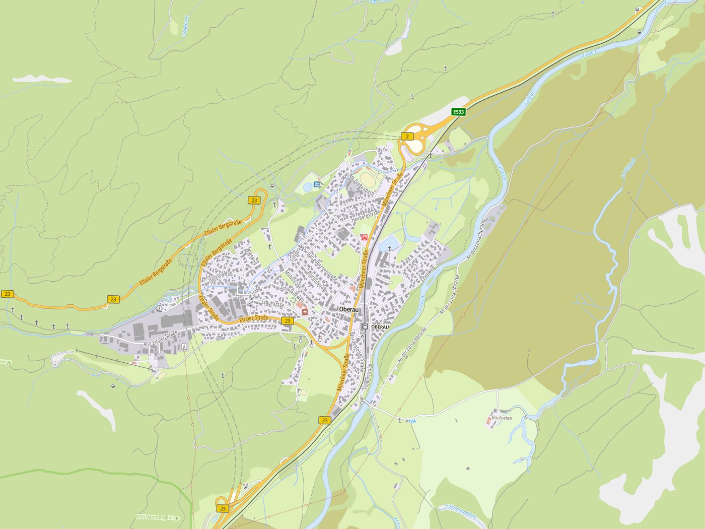 Kartenausschnitt Oberau mit Gewässern