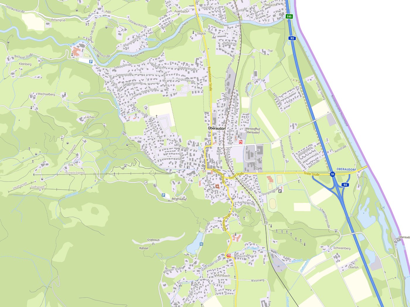 Kartenausschnitt Oberaudorf mit Gewässern