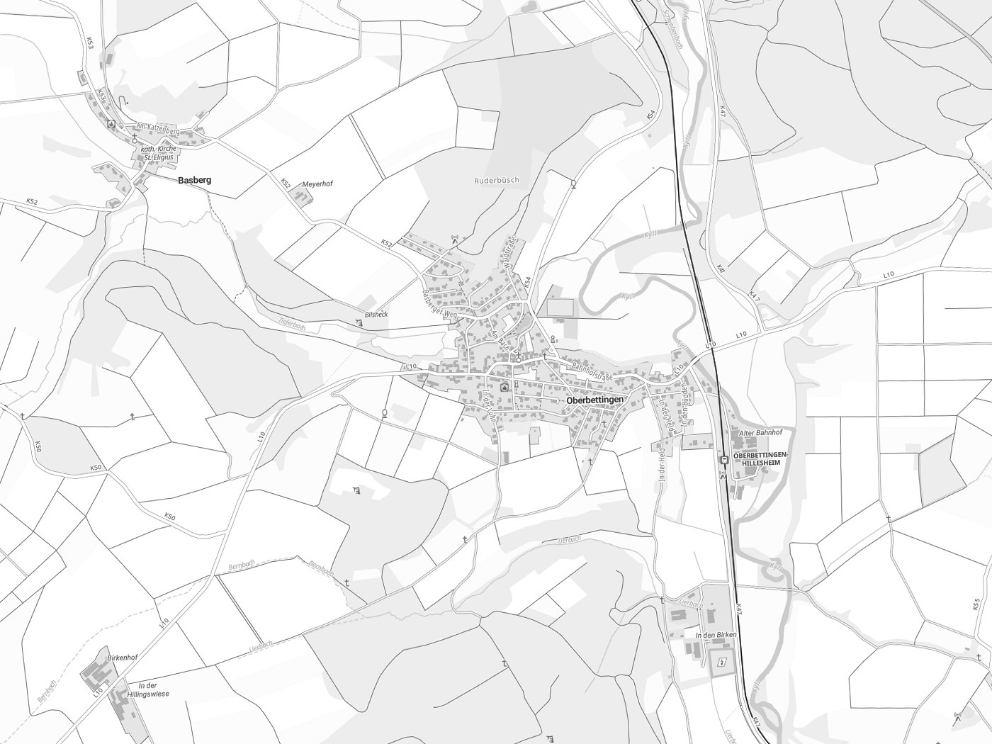 Kartenausschnitt Oberbettingen mit Gewässern