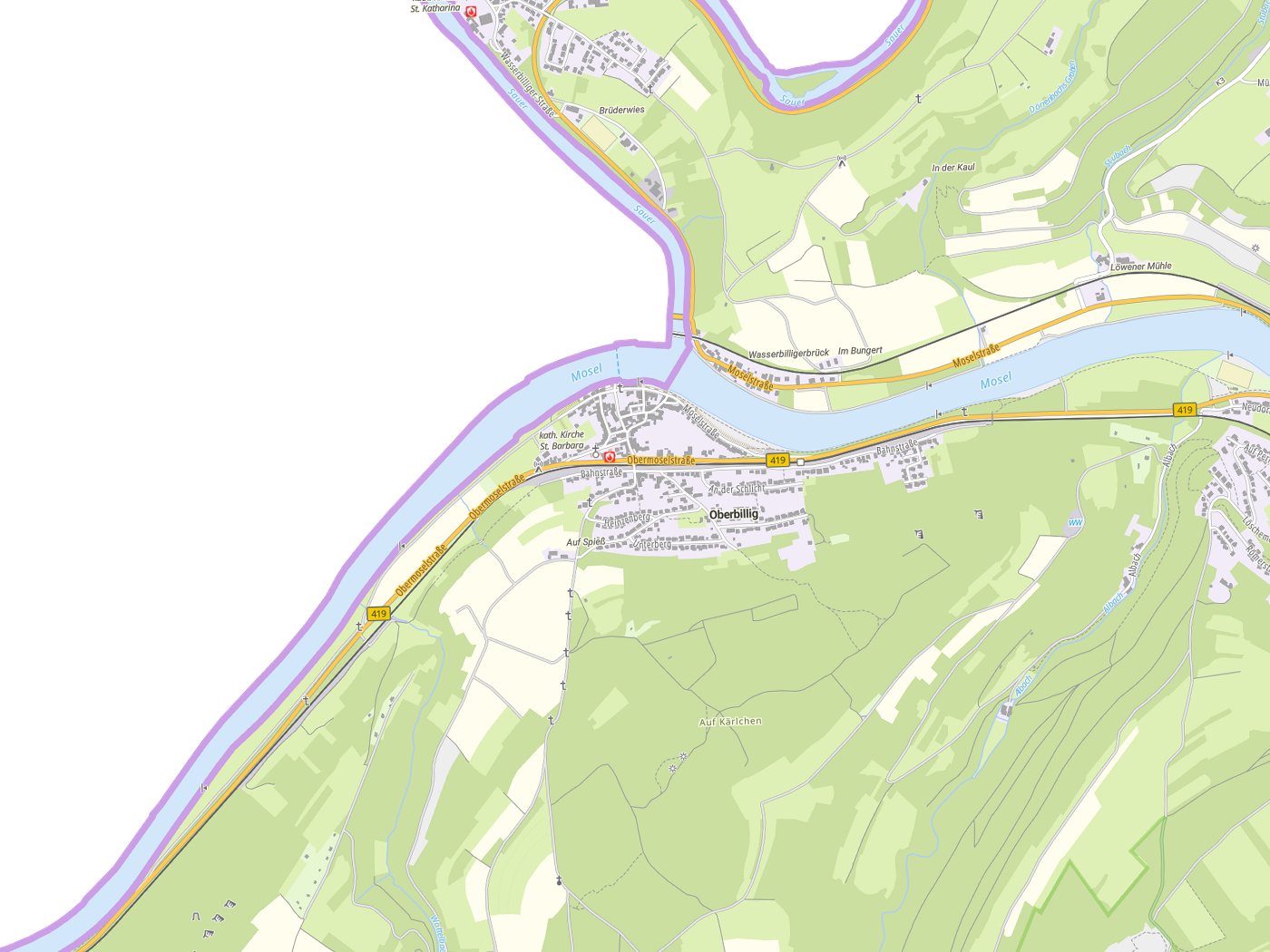 Kartenausschnitt Oberbillig mit Gewässern