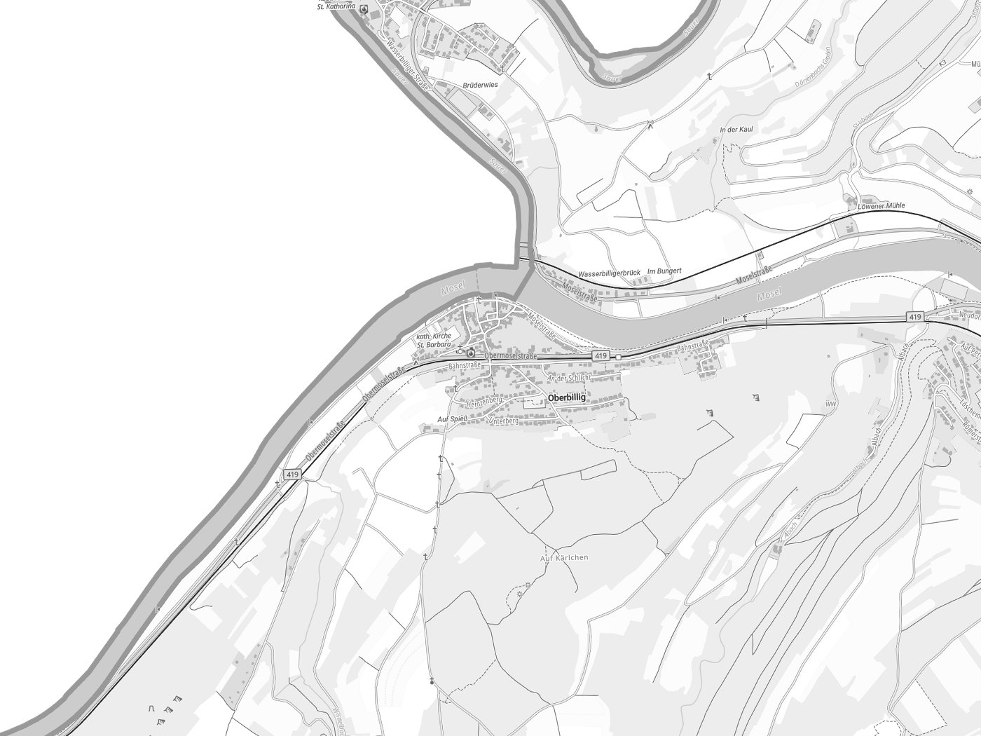 Kartenausschnitt Oberbillig mit Gewässern