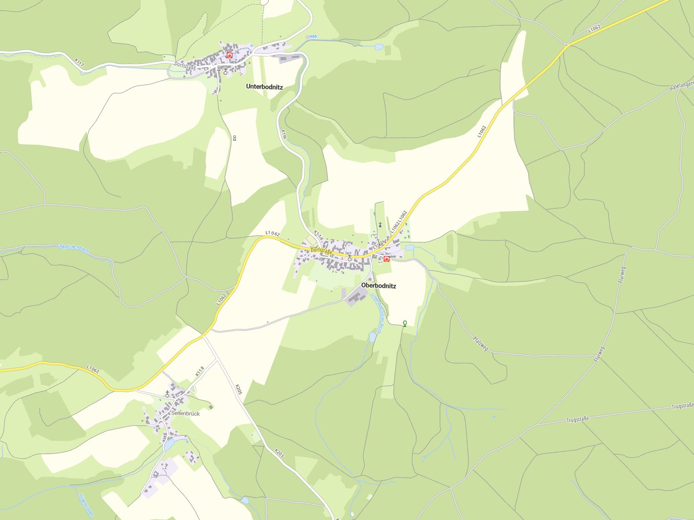 Kartenausschnitt Oberbodnitz mit Gewässern