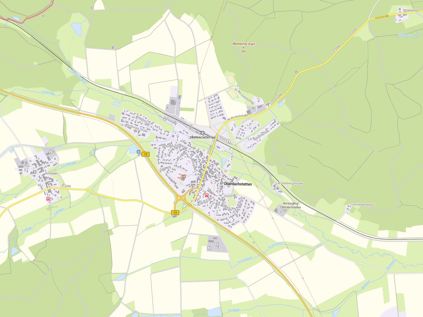 Kartenausschnitt Oberdachstetten mit Gewässern