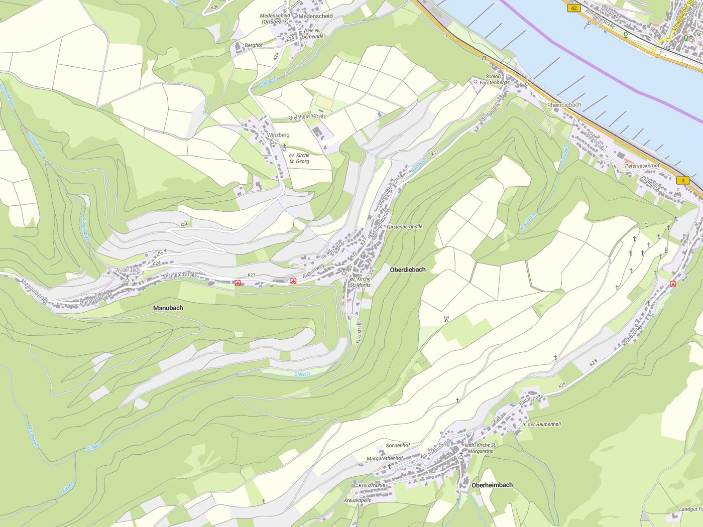 Kartenausschnitt Oberdiebach mit Gewässern