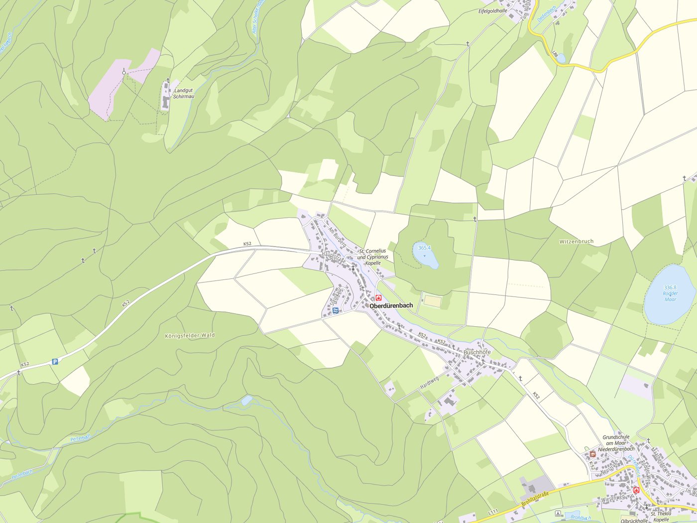Kartenausschnitt Oberdürenbach mit Gewässern