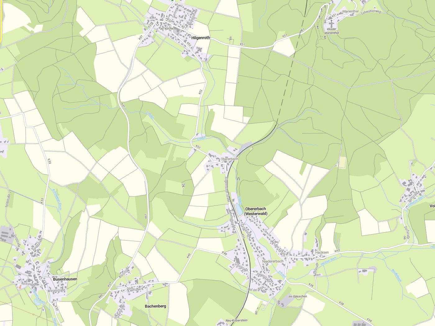 Kartenausschnitt Obererbach (Westerwald) mit Gewässern