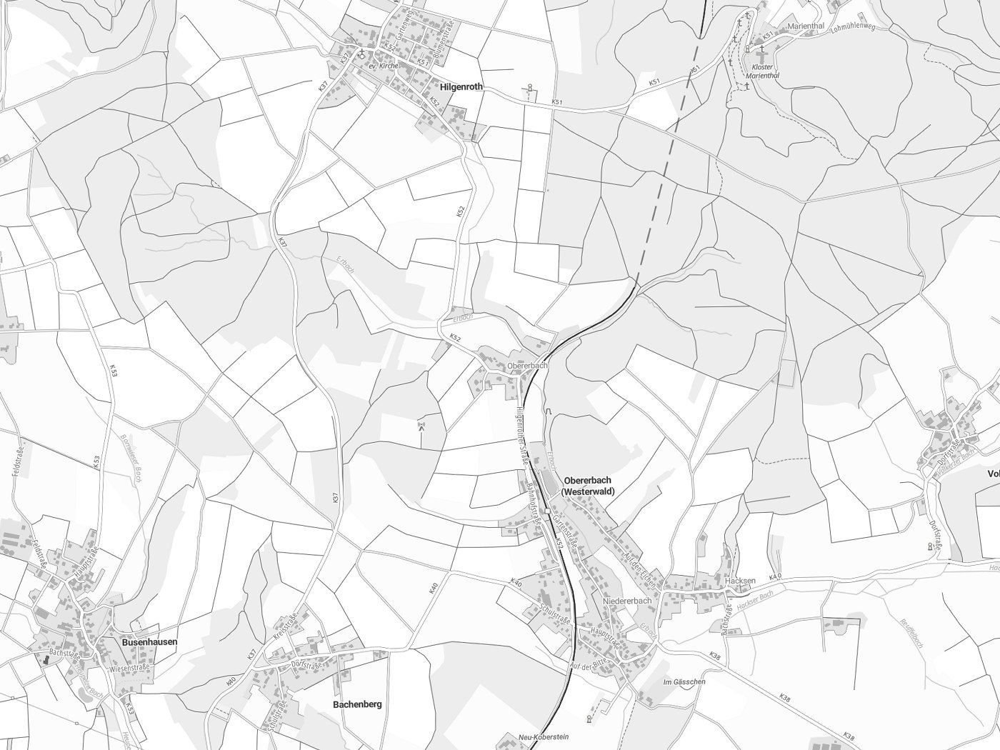 Kartenausschnitt Obererbach (Westerwald) mit Gewässern