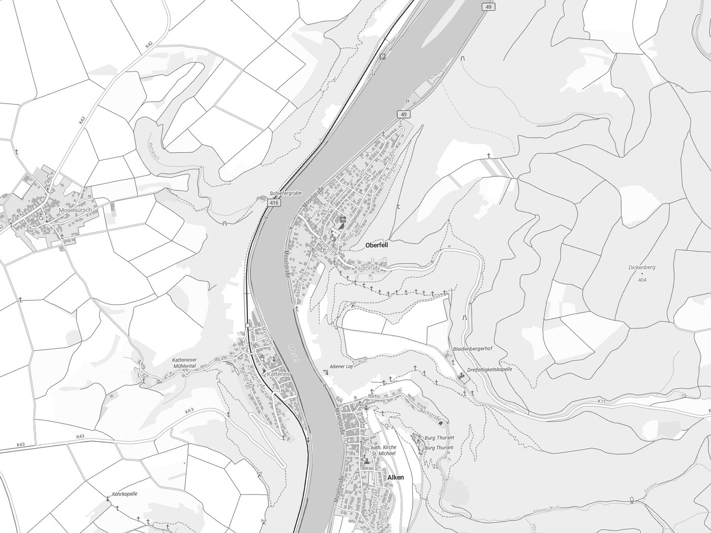 Kartenausschnitt Oberfell mit Gewässern