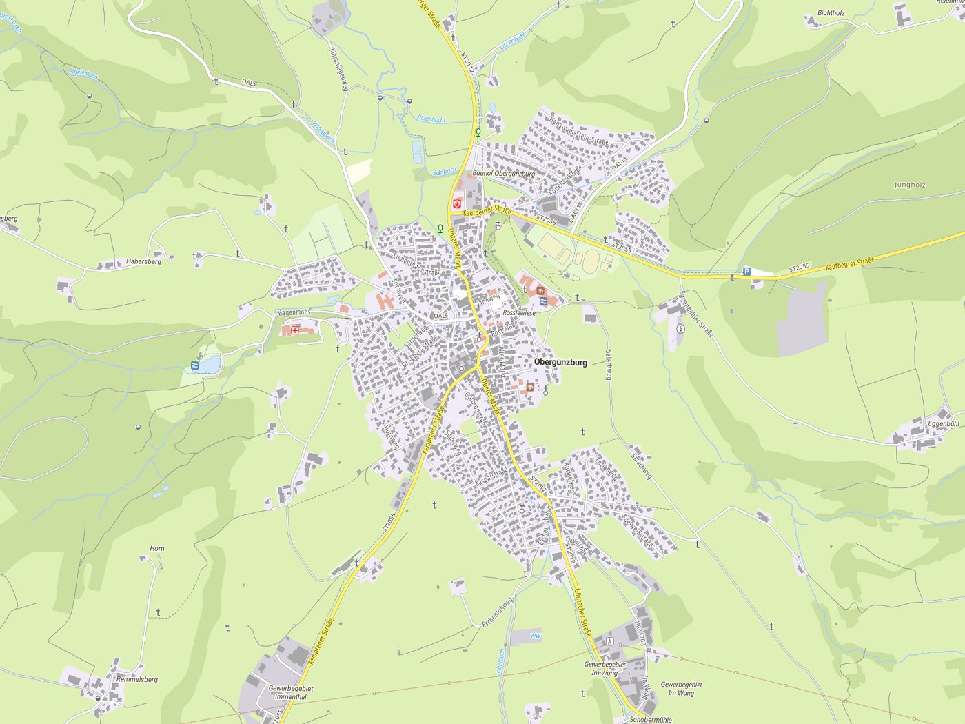 Kartenausschnitt Obergünzburg mit Gewässern