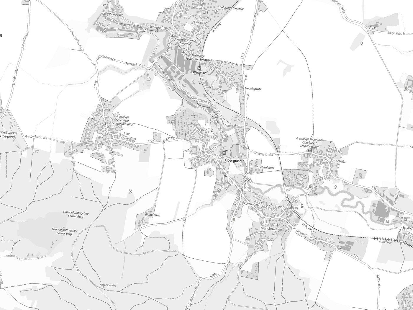 Kartenausschnitt Obergurig / Hornja Hórka mit Gewässern