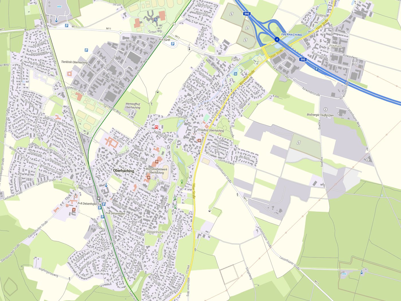 Kartenausschnitt Oberhaching mit Gewässern