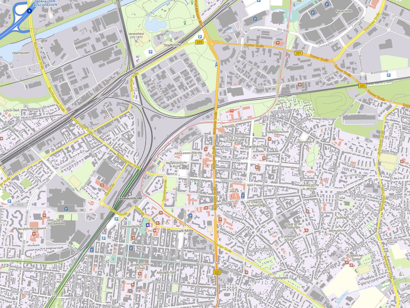 Kartenausschnitt Oberhausen mit Gewässern