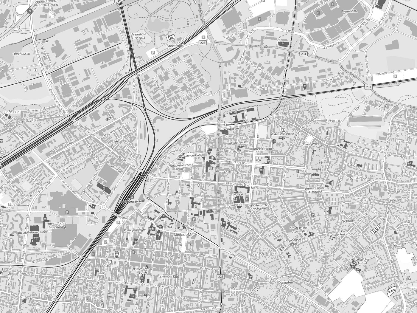 Kartenausschnitt Oberhausen mit Gewässern