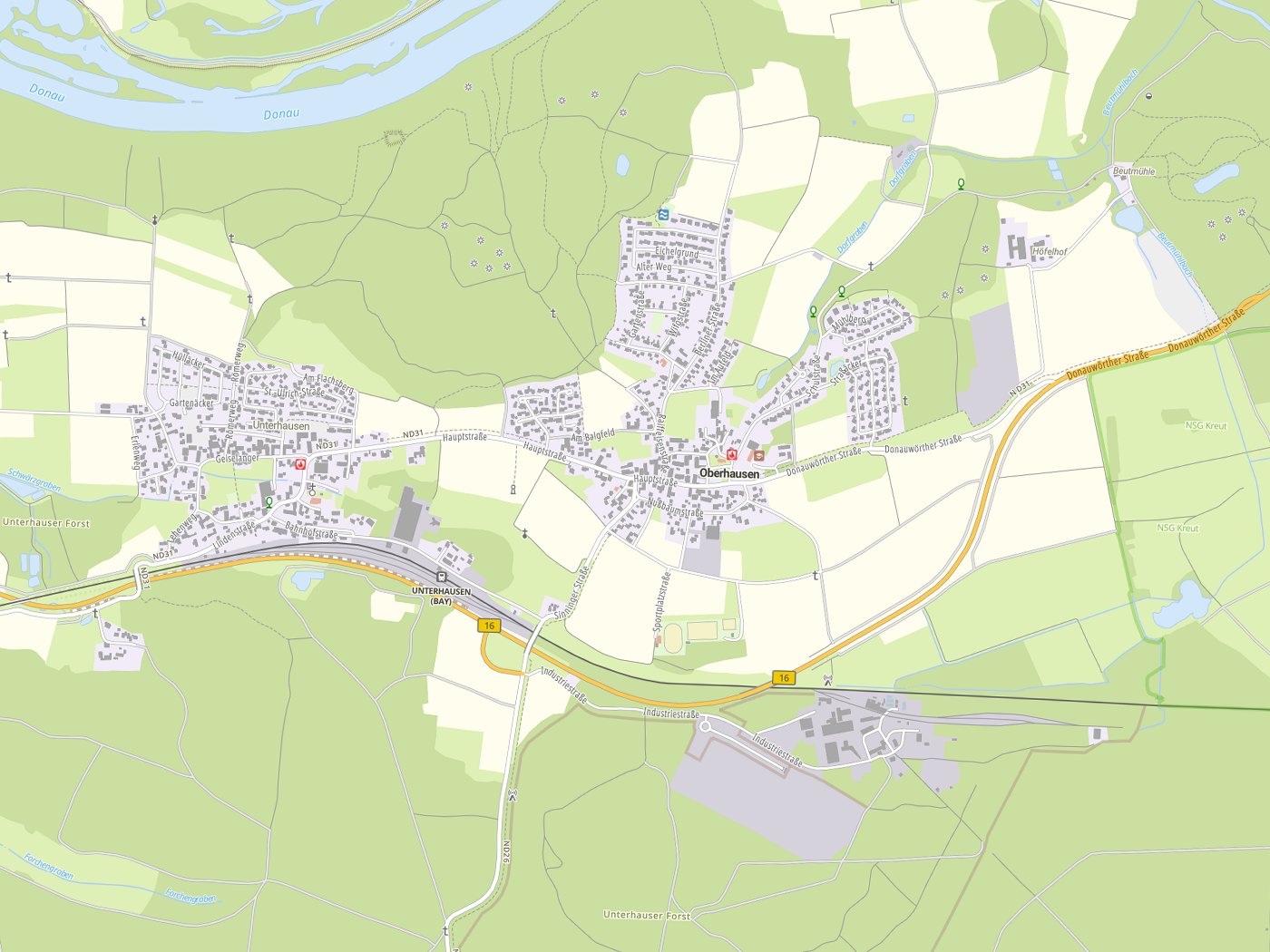 Kartenausschnitt Oberhausen mit Gewässern