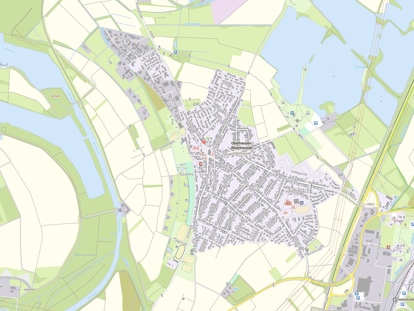 Kartenausschnitt Oberhausen-Rheinhausen mit Gewässern