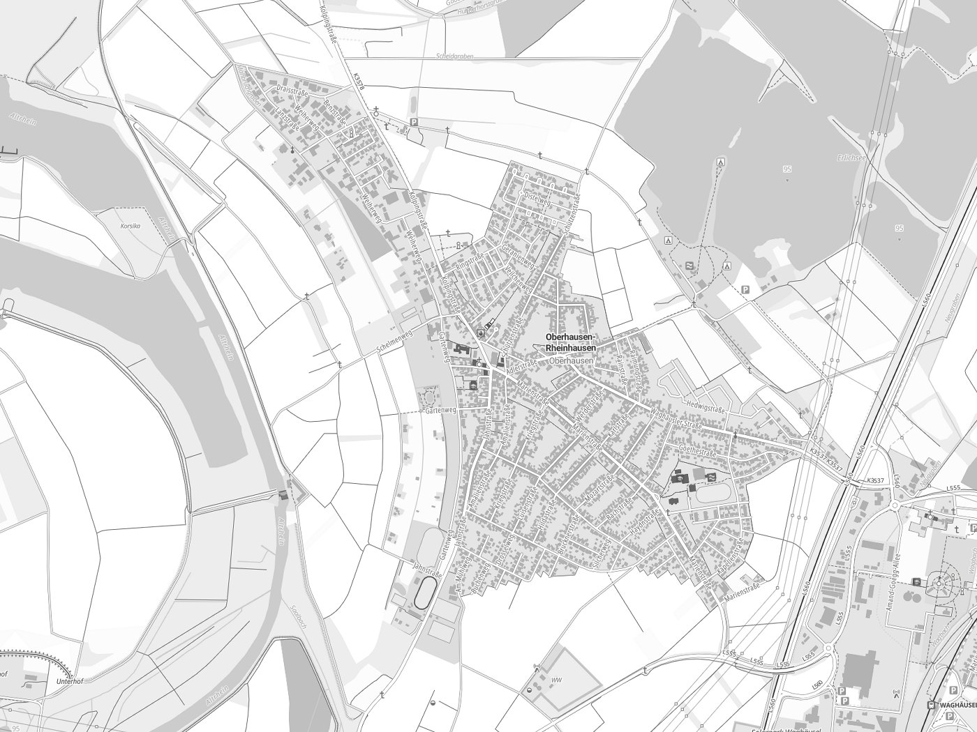 Kartenausschnitt Oberhausen-Rheinhausen mit Gewässern
