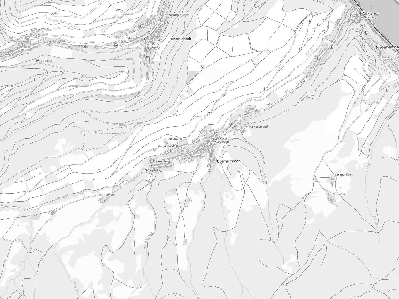 Kartenausschnitt Oberheimbach mit Gewässern