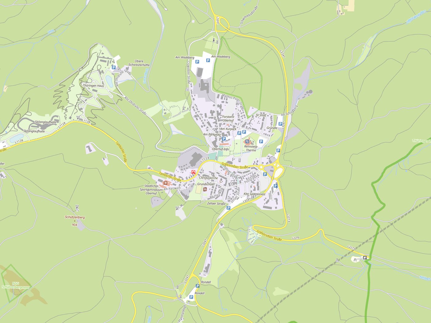 Kartenausschnitt Oberhof mit Gewässern