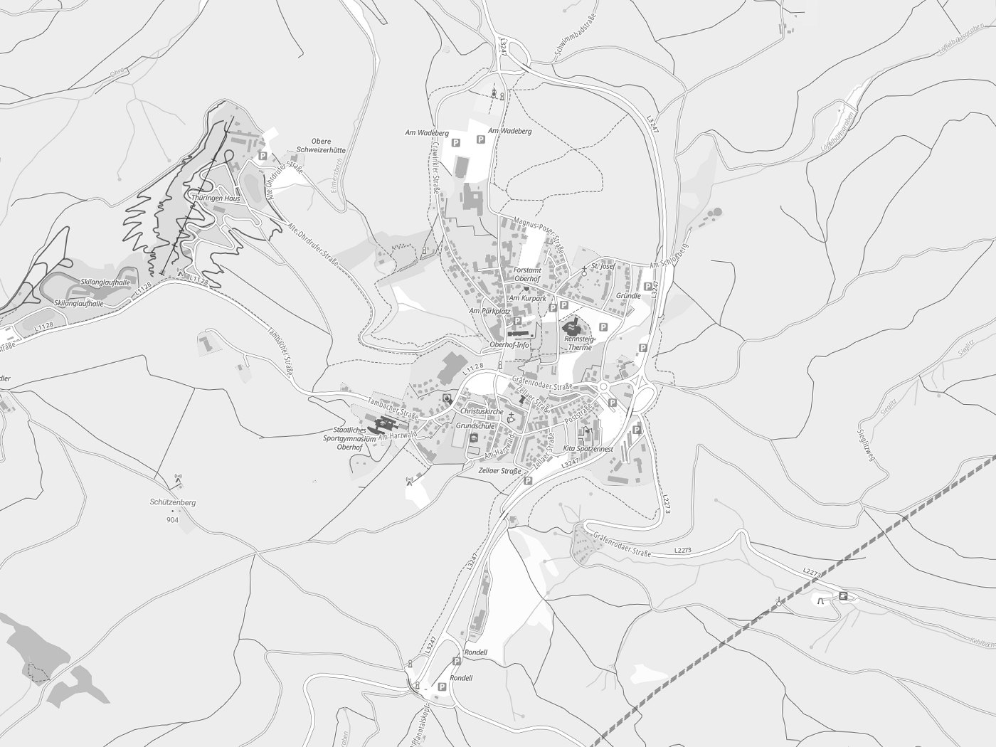 Kartenausschnitt Oberhof mit Gewässern