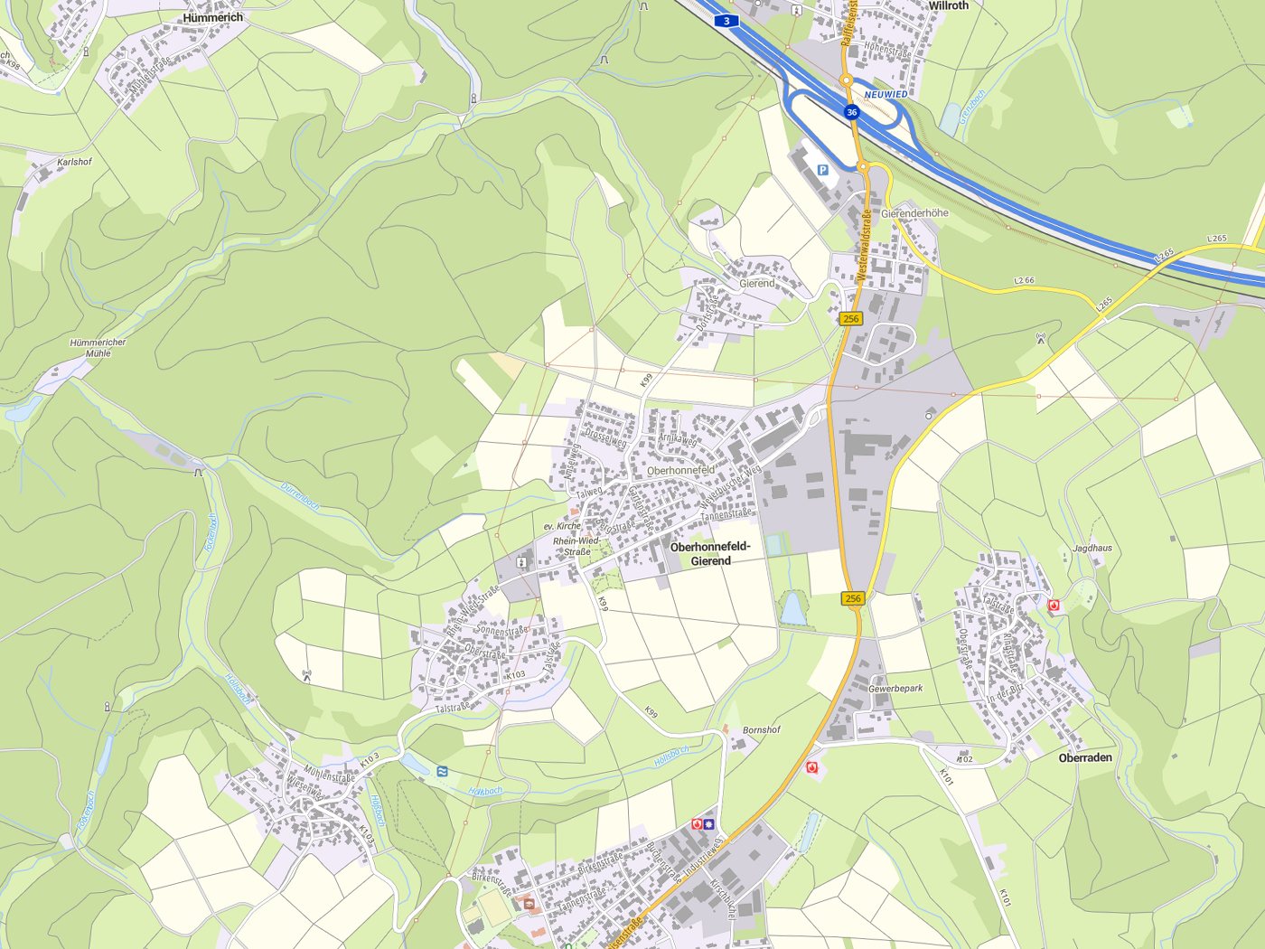 Kartenausschnitt Oberhonnefeld-Gierend mit Gewässern