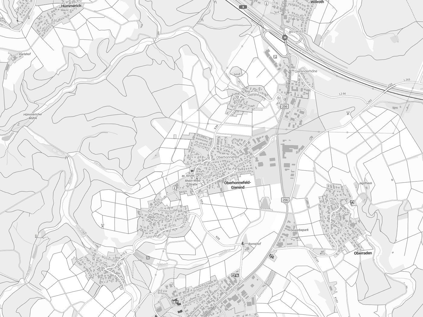 Kartenausschnitt Oberhonnefeld-Gierend mit Gewässern