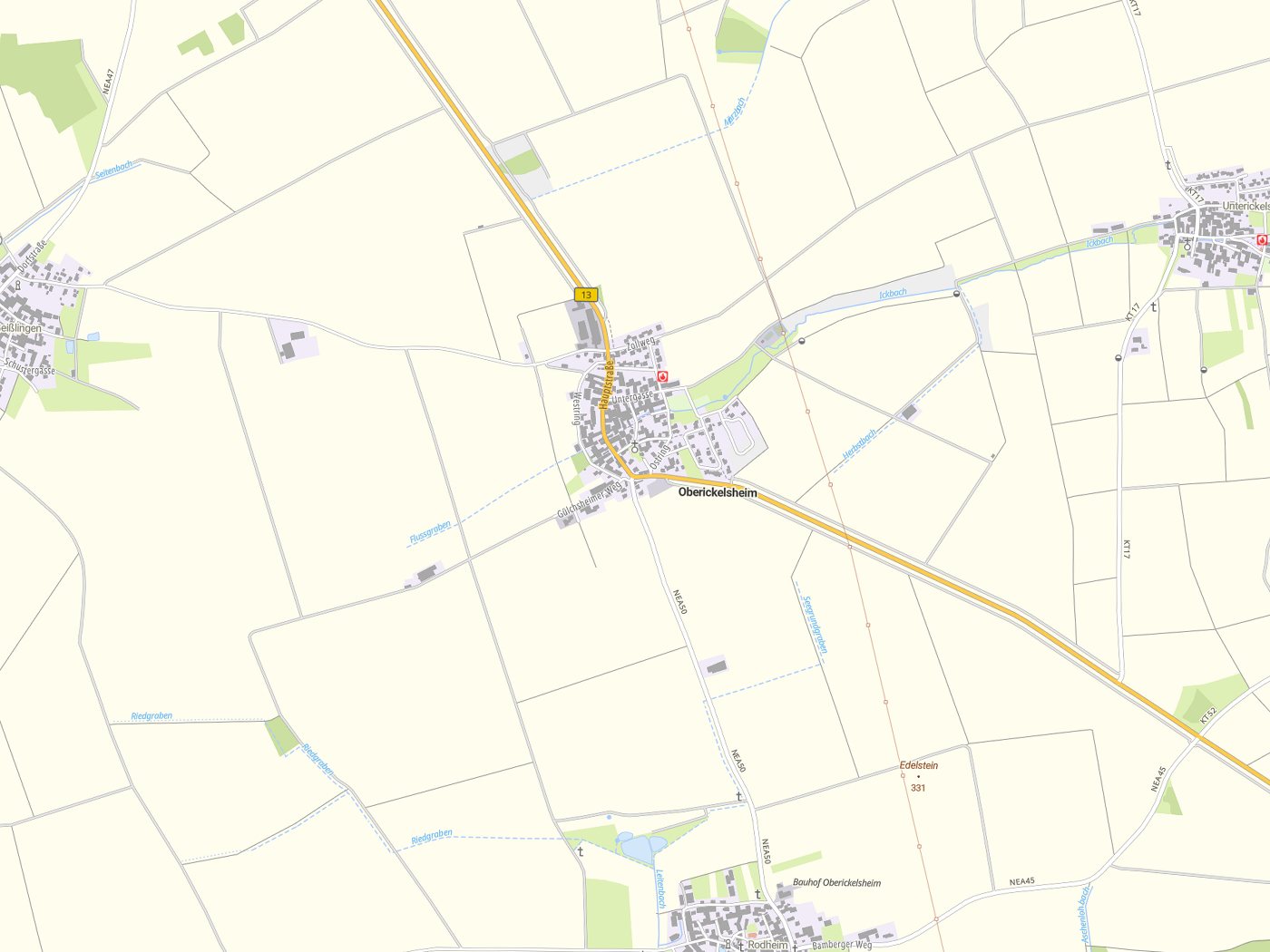 Kartenausschnitt Oberickelsheim mit Gewässern
