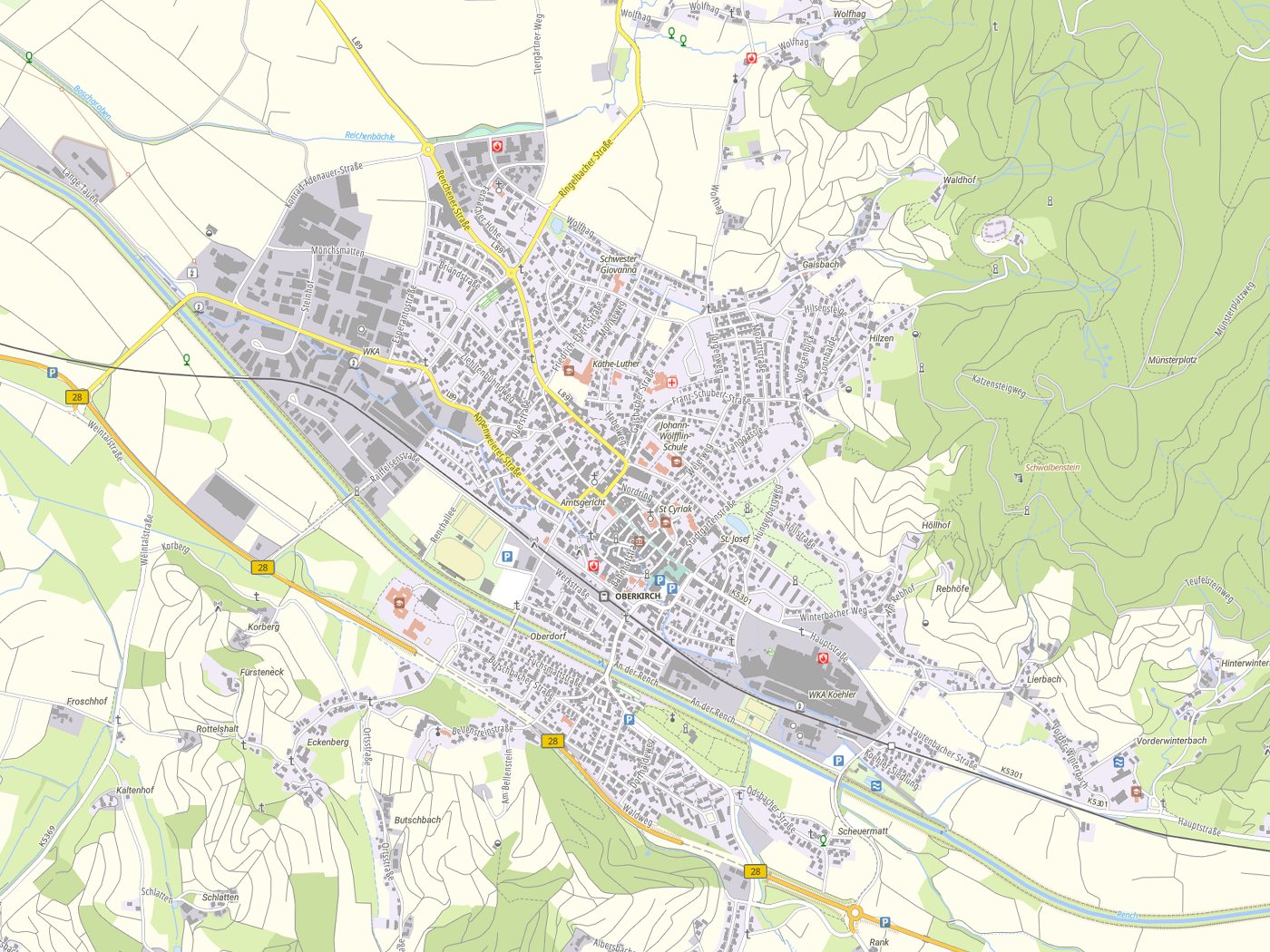 Kartenausschnitt Oberkirch mit Gewässern