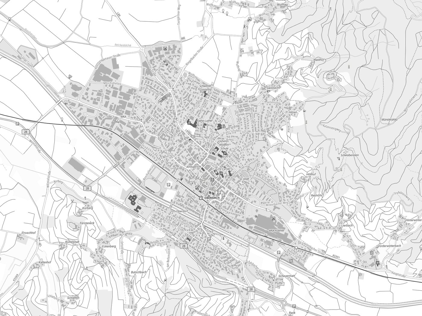 Kartenausschnitt Oberkirch mit Gewässern