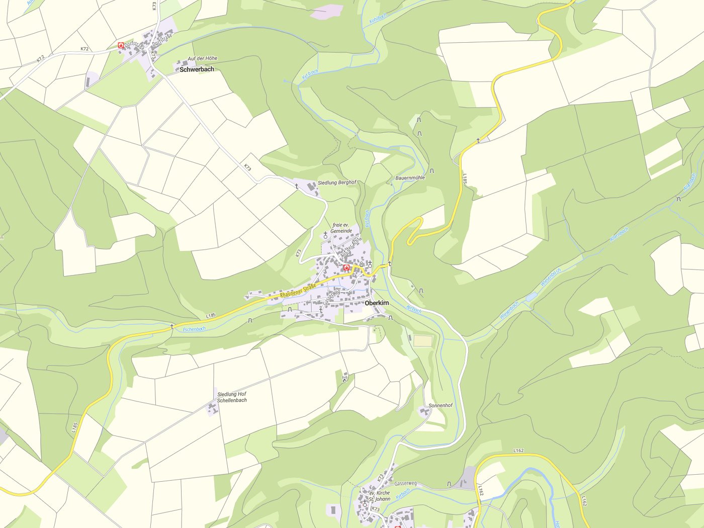 Kartenausschnitt Oberkirn mit Gewässern