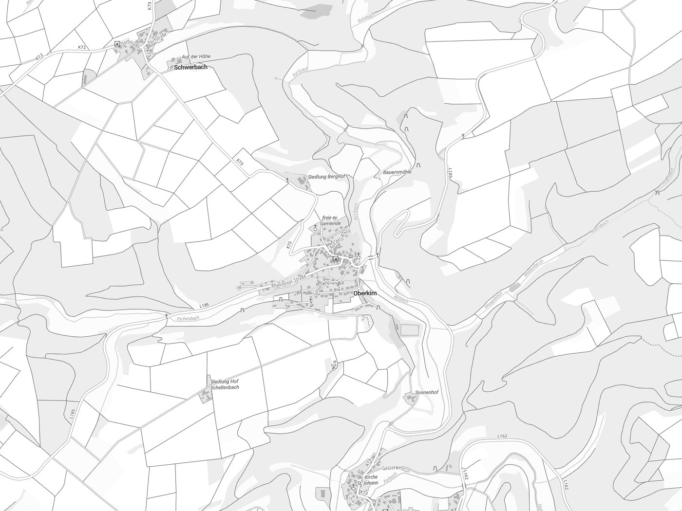 Kartenausschnitt Oberkirn mit Gewässern
